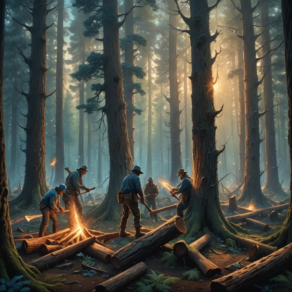 Loggers Chopping Glowing Trees in Mystical Forest