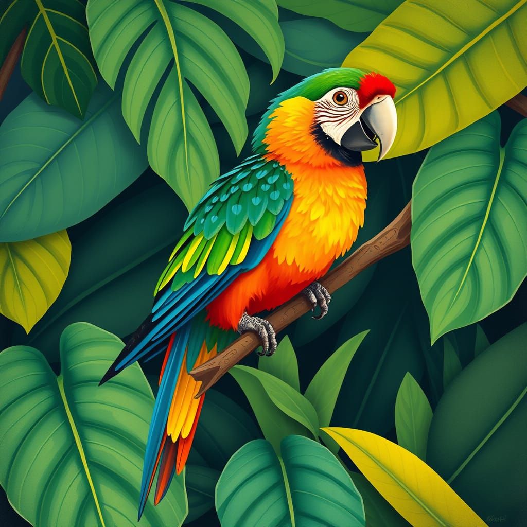 Parrot Perched on Tropical Branch in Naive Art Style