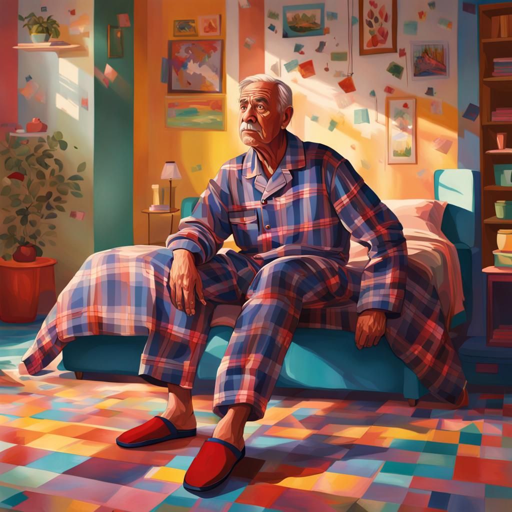Hyperrealistic Man in Plaid Pyjamas, Splash Art