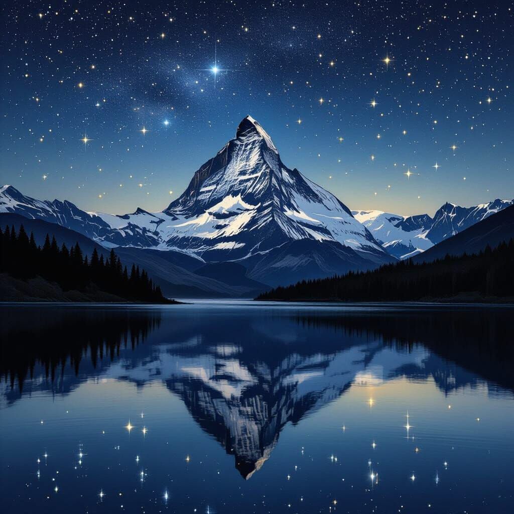 Mountain Lake Reflection Under Starry Sky