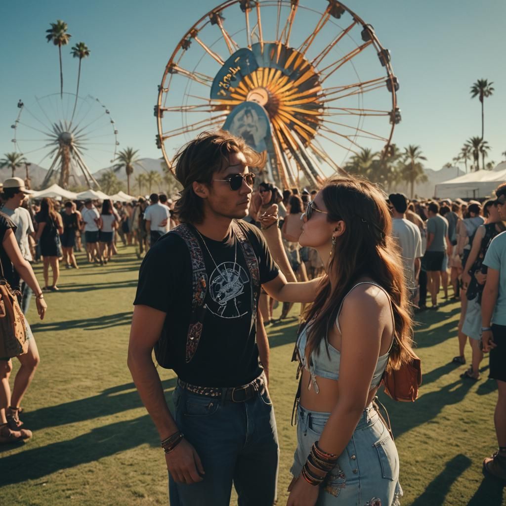 Couple Kissing at Coachella: Cinematic Film Still