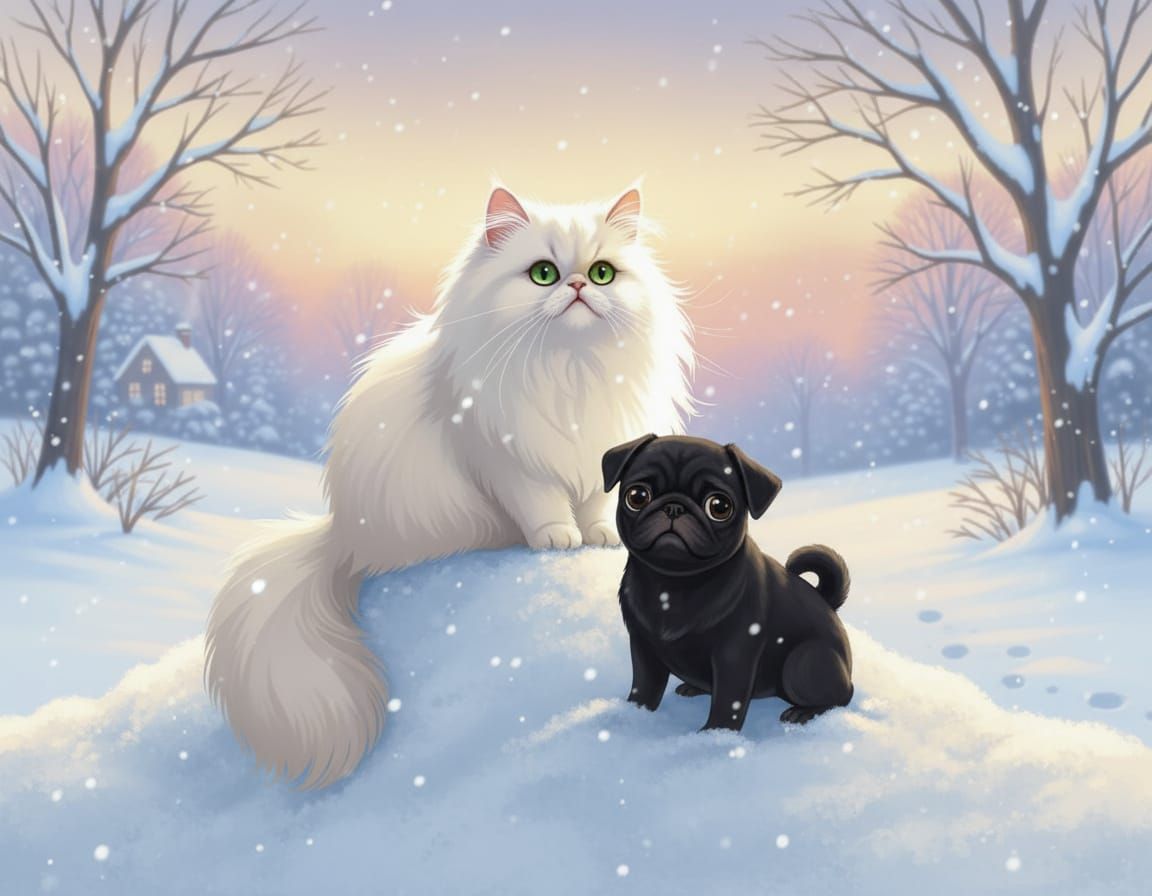White Persian Cat and Black Pug Puppy in Snow