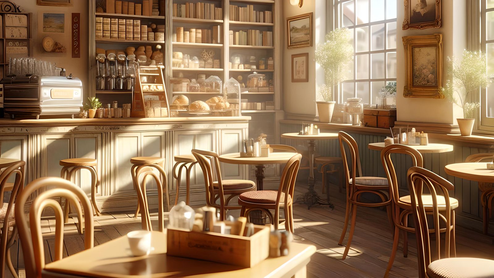 background image for a visual novel game: an small, quaint cafe