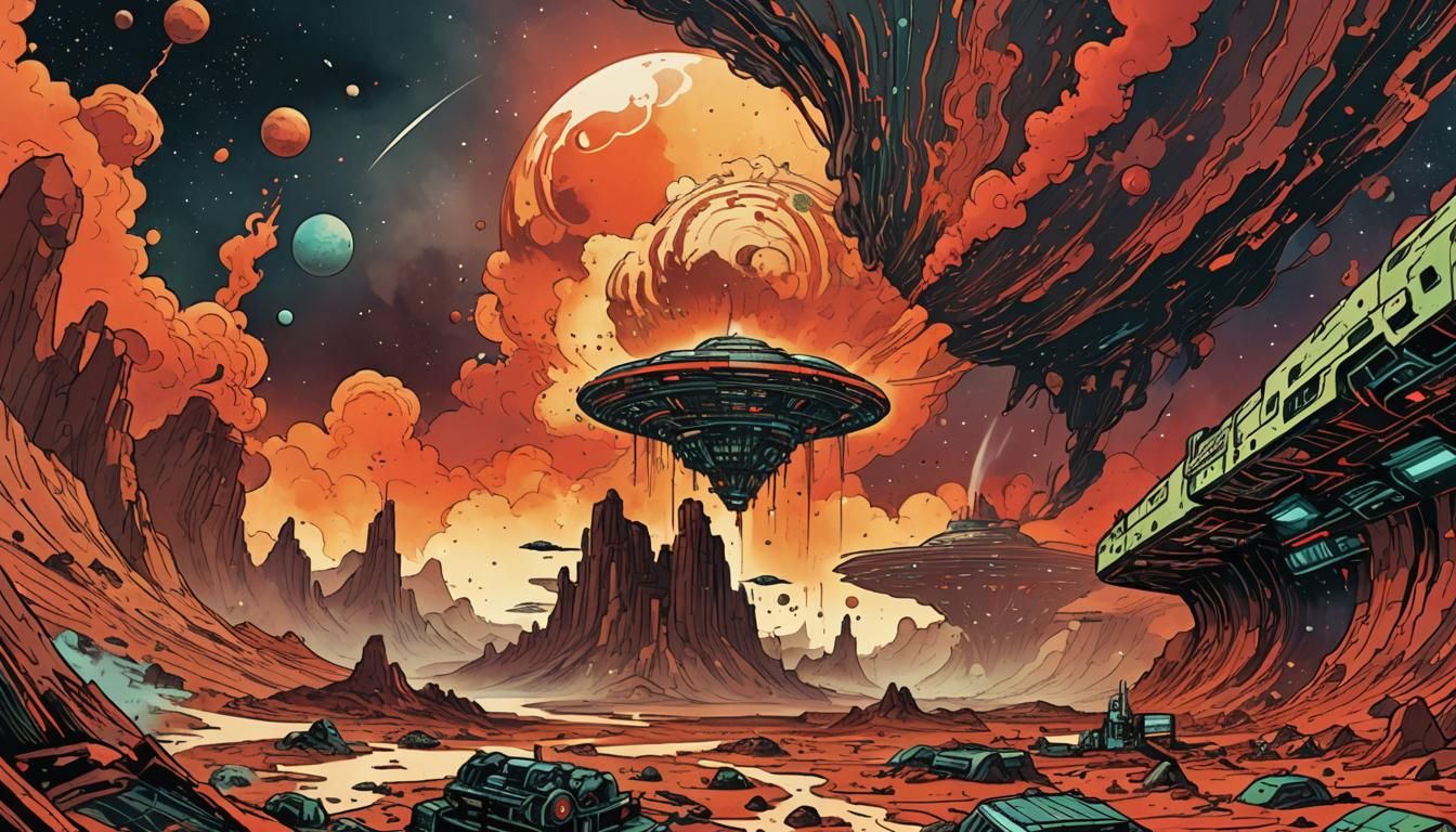 Retrofuturistic Martian Landscape in Vibrant, Detailed Comic...