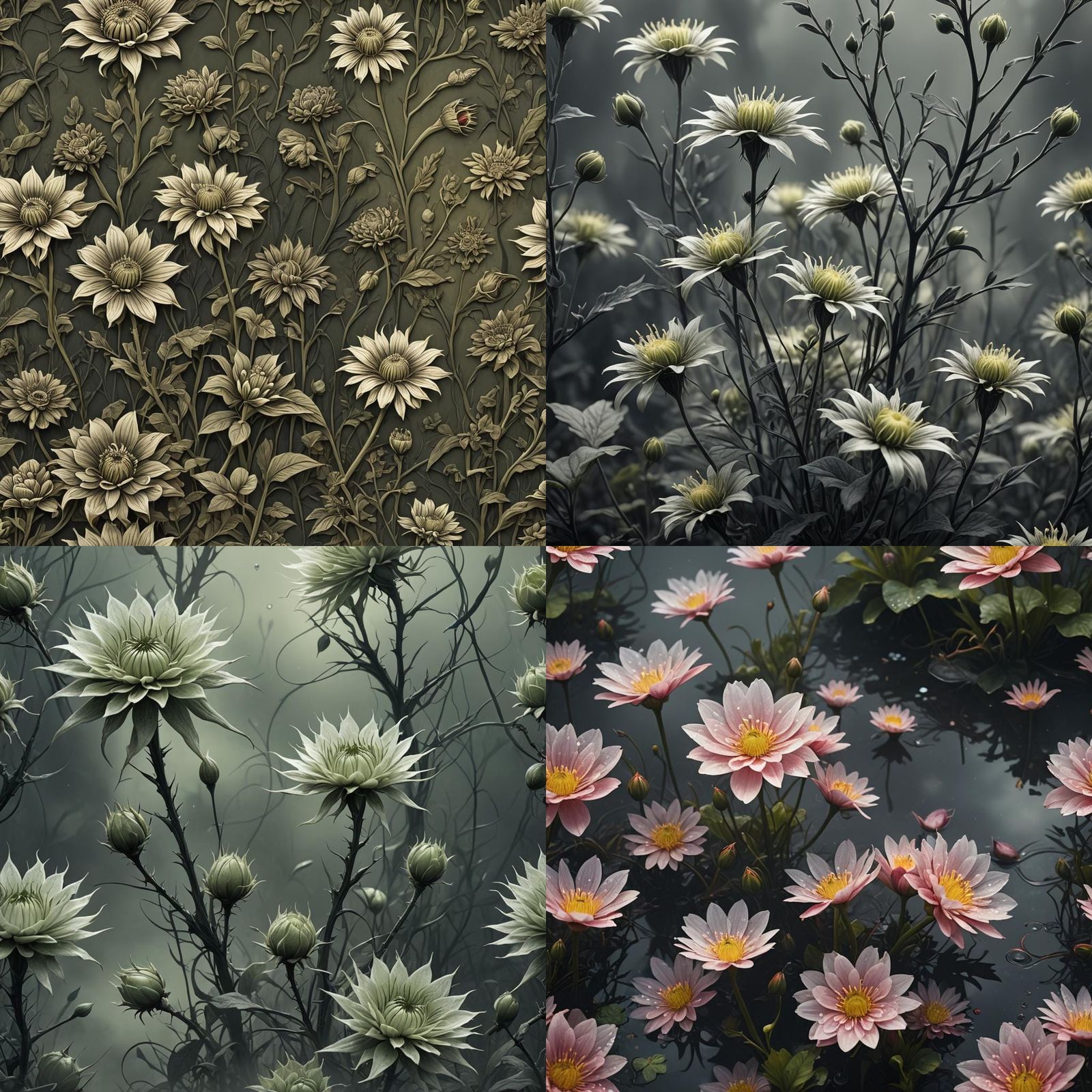 Monochrome Carnivorous Flowers: Detailed Matte Painting