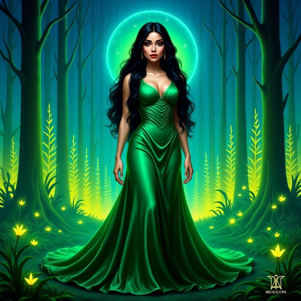 Latina Woman in Emerald Gown in Neon Enchanted Forest