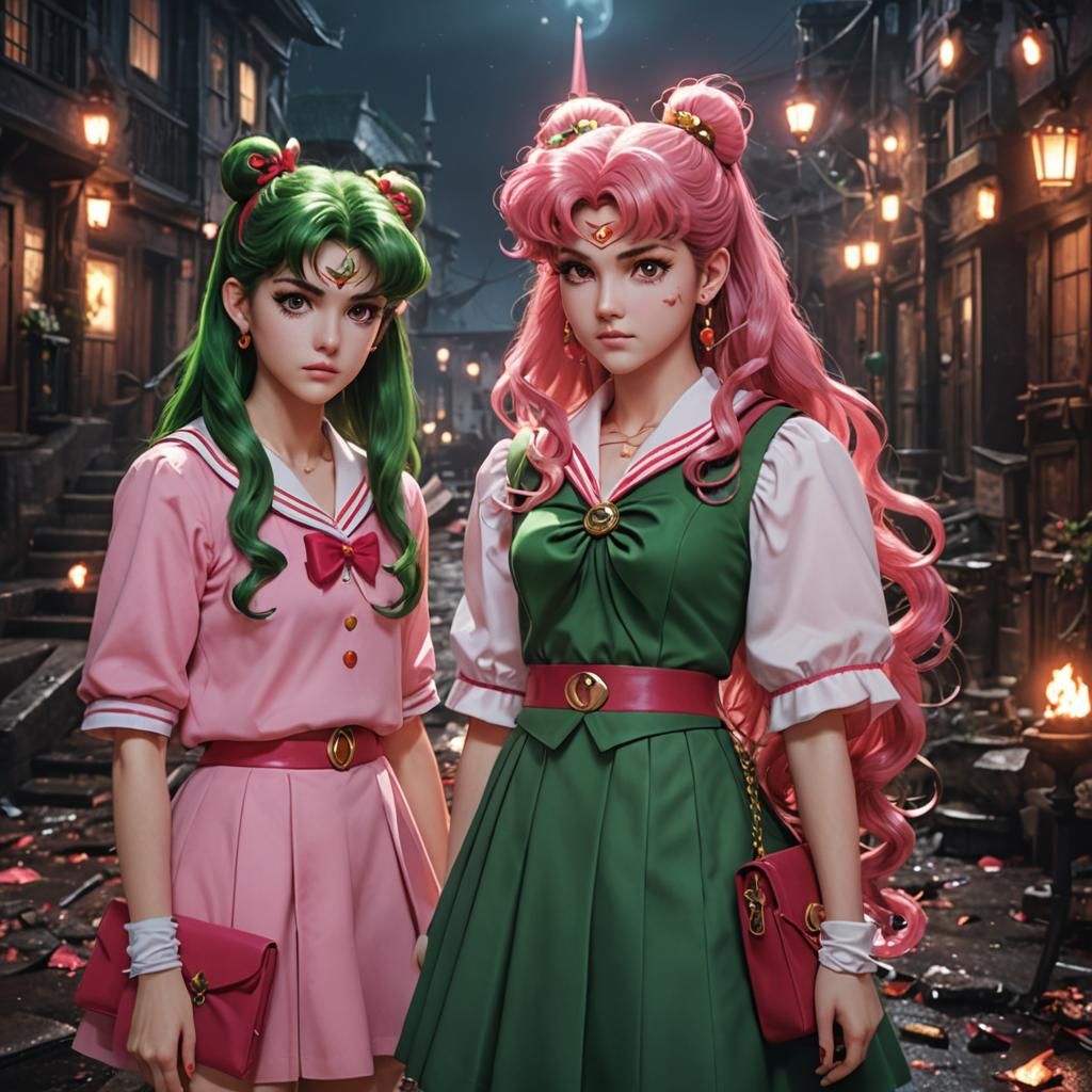 Eerie Sailor Jupiter and Mini Chibiusa in Dark Fantasy Art