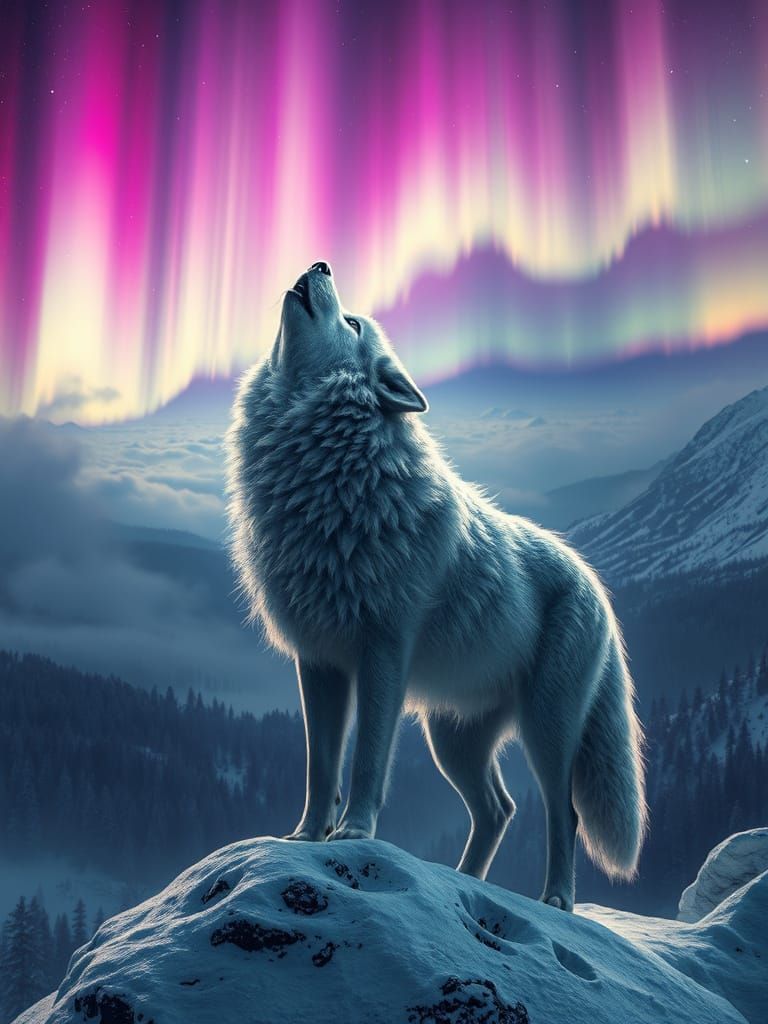 Silver Wolf Howling at Aurora in Dark Fantasy Style