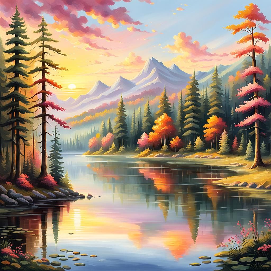 Lake and Forest Sunset Painting with Golden Light