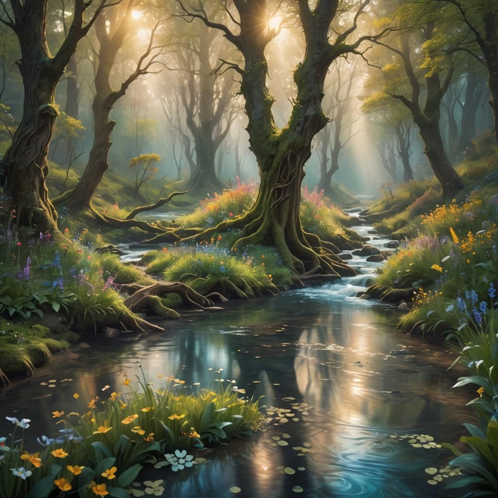 Mystical Forest Stream in Dreamy Fantasy Art