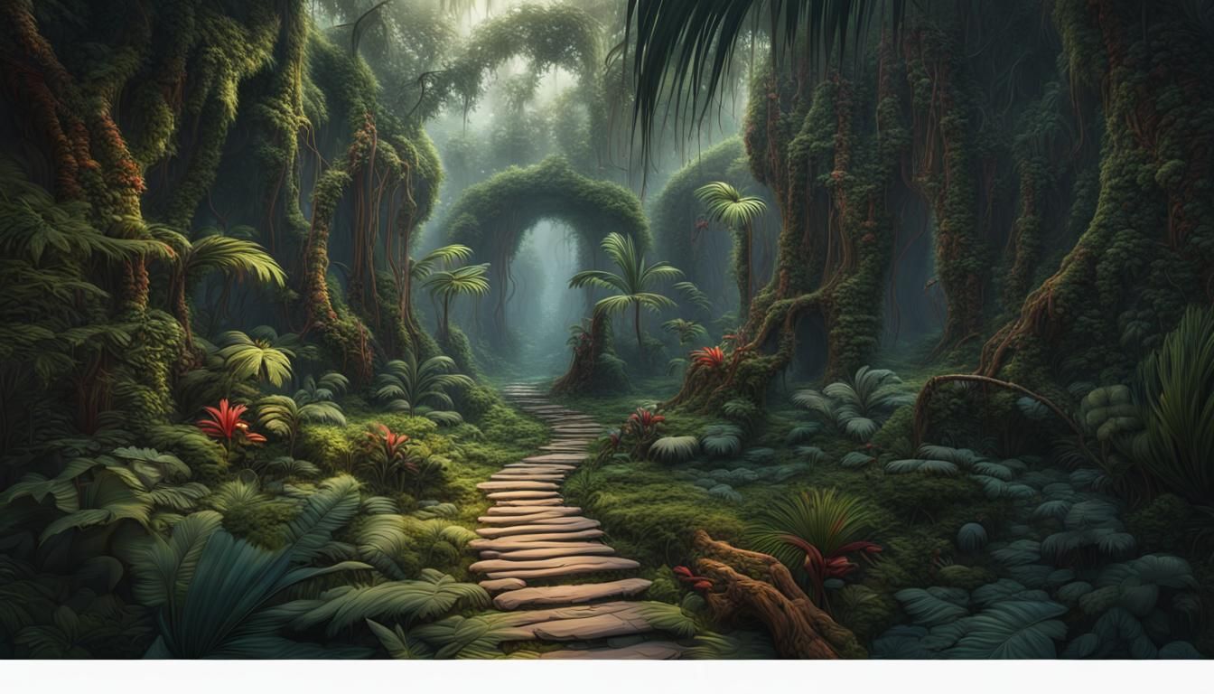 Lush Tropical Jungle Path in Detailed Matte Painting
