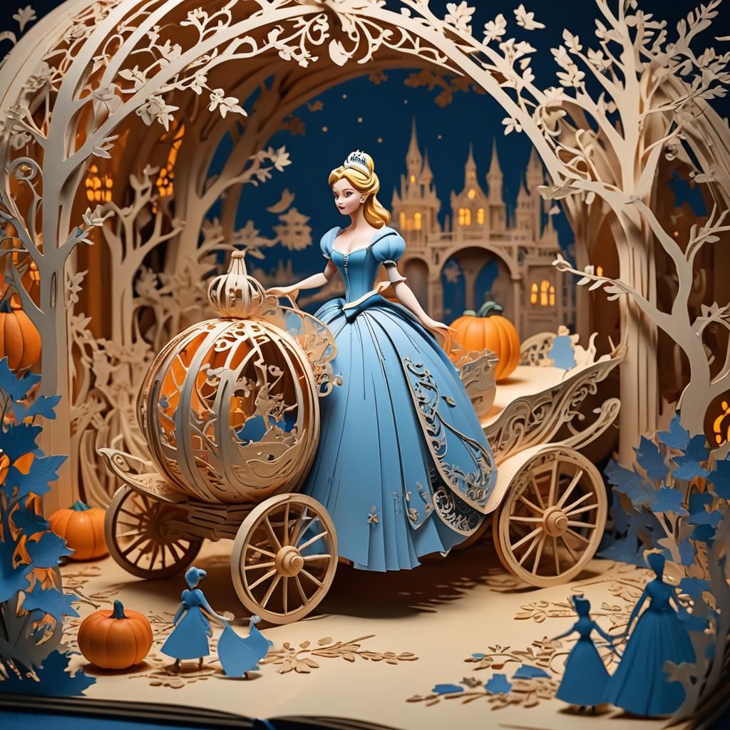 Pop-up book art - Cinderella on pumpkin chariot