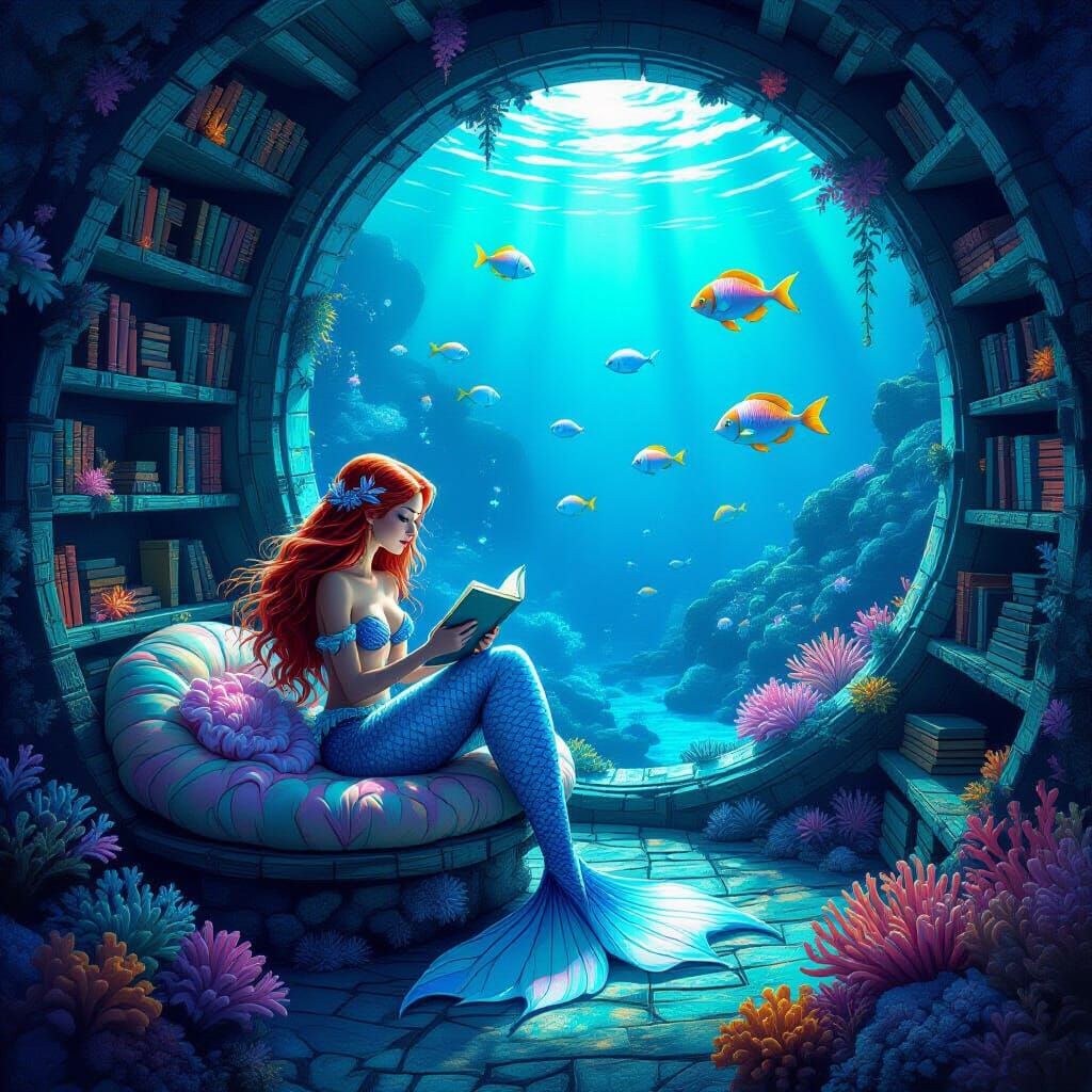 Mermaid's Coral Reef Reading Room: Surreal Digital Art