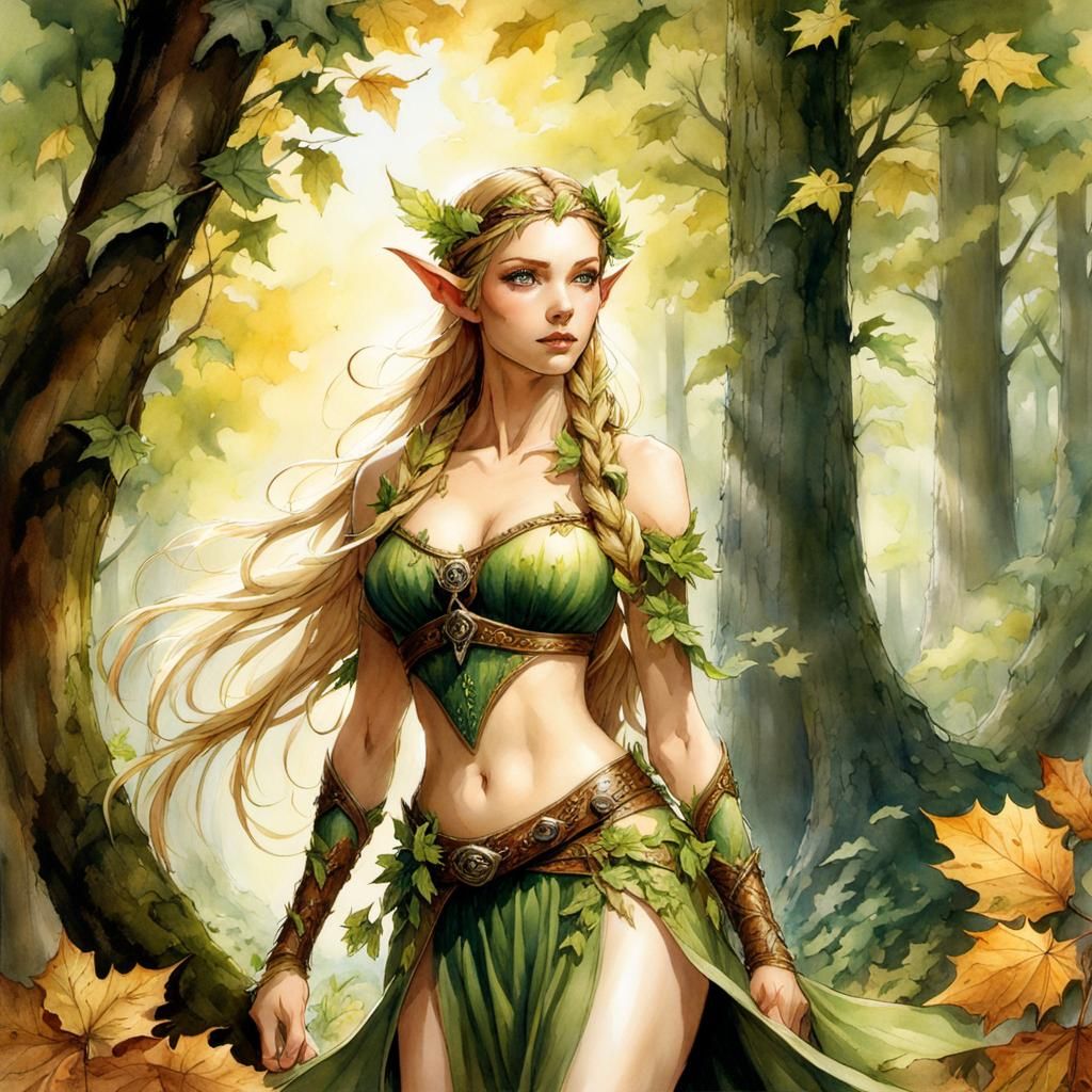 Wood Elf in Sunny Forest, Watercolor Art