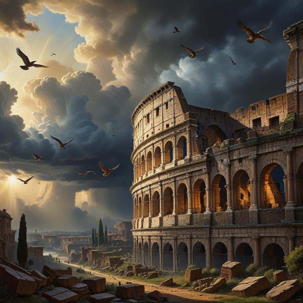 Colosseum Painting with Dramatic Sky in Baroque Style
