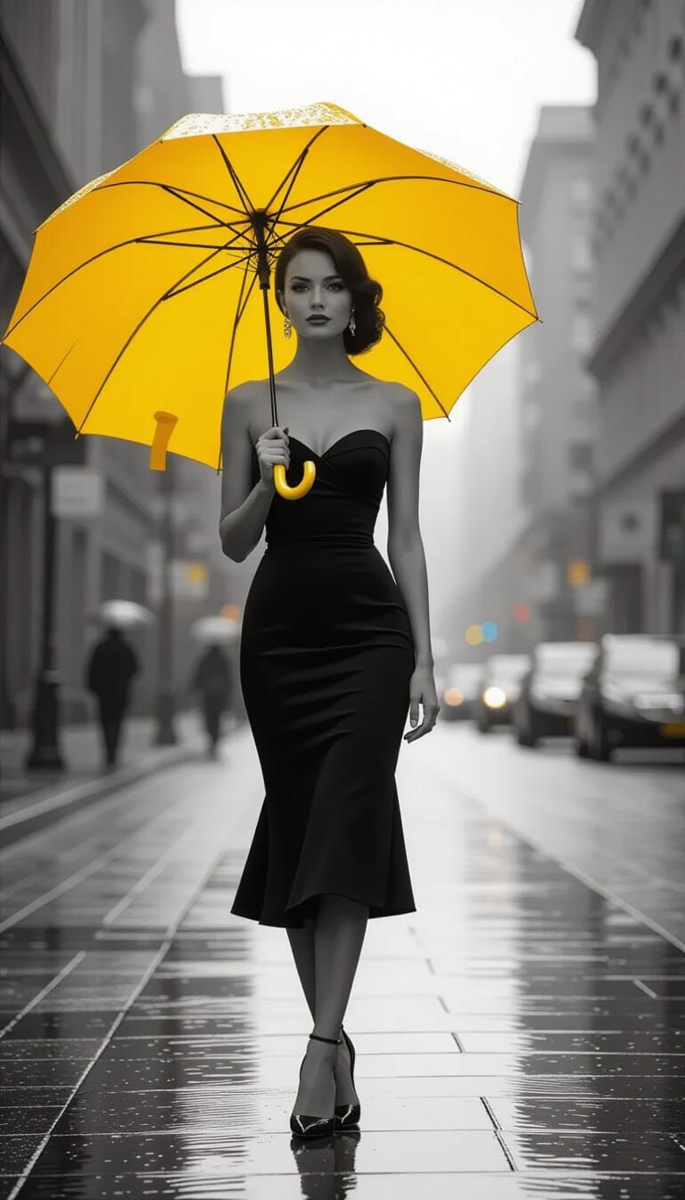 Woman with Yellow Umbrella in Monochrome Cityscape