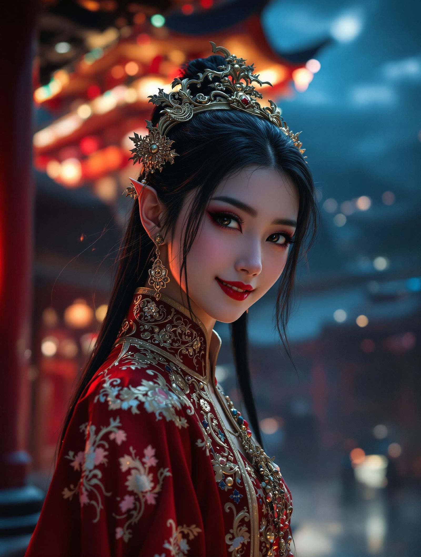 Ethereal Vampire in Traditional Chinese Attire at Night