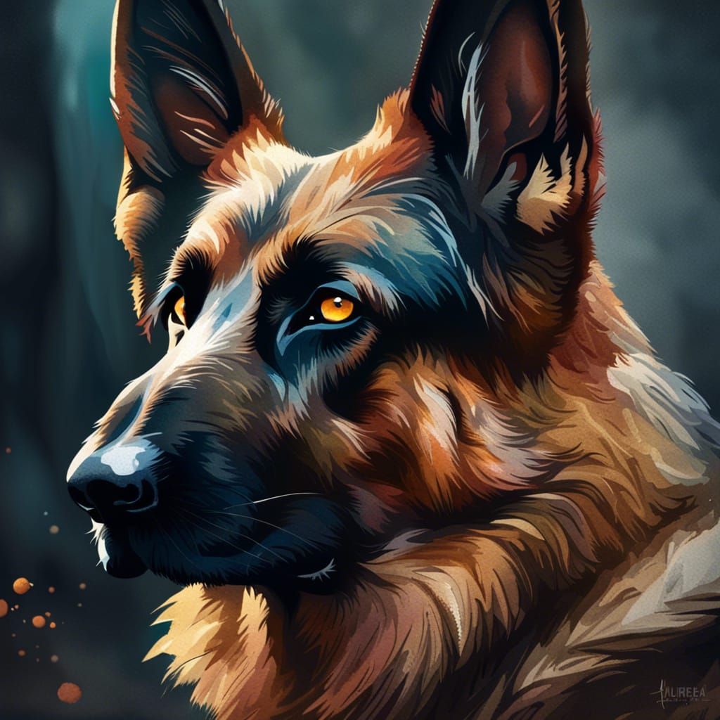 German Shepherd Portrait with Watercolor Background