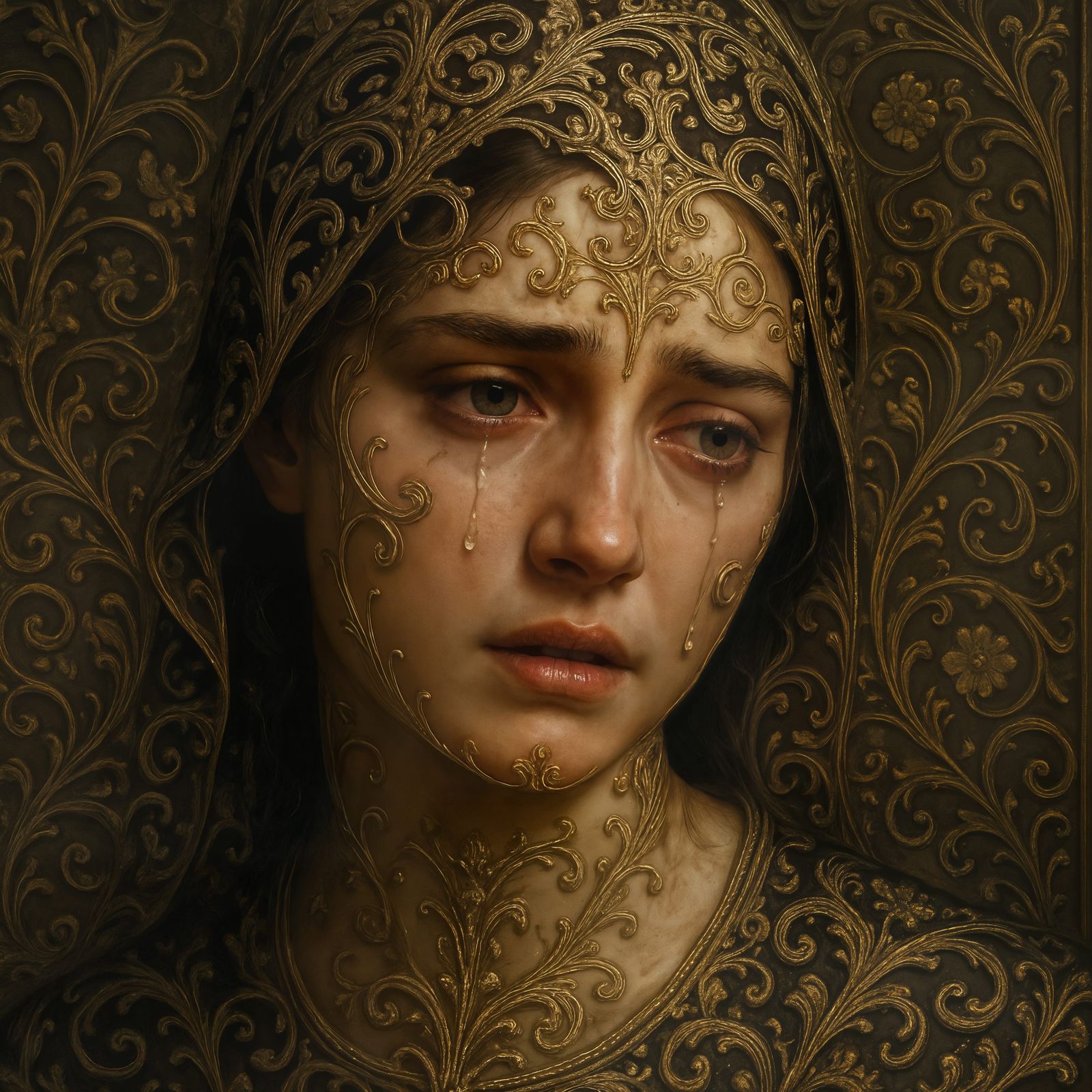Tragic Portrait with Intricate Filigree Details