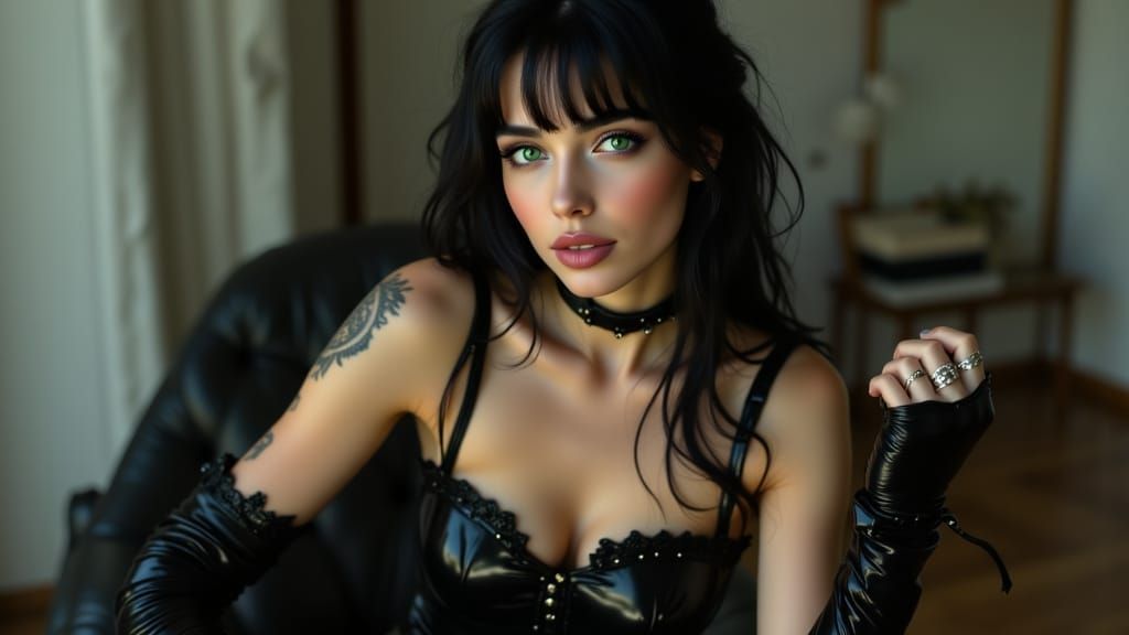 British Woman in Black Latex Fashion Studio Portrait