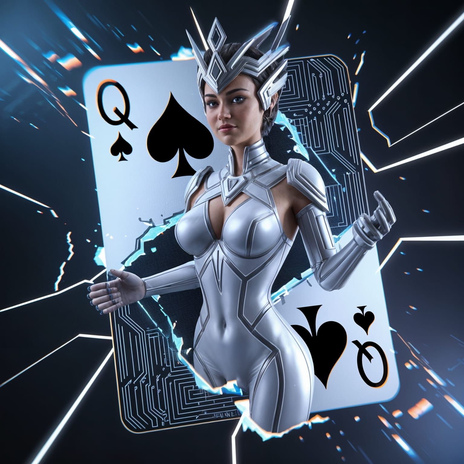 Futuristic Queen of Spades Emerges from Card