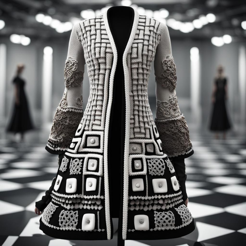 Elegant Black and White Knit and Crochet Coat