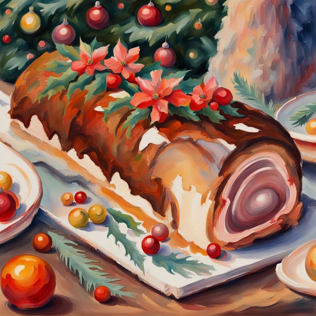 Festive Bûche de Noël in Gouache Watercolor
