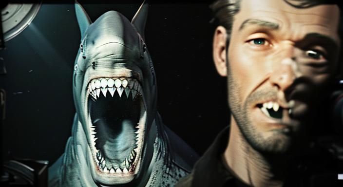 Megalodon Shark Emerges from Dark Water on VHS