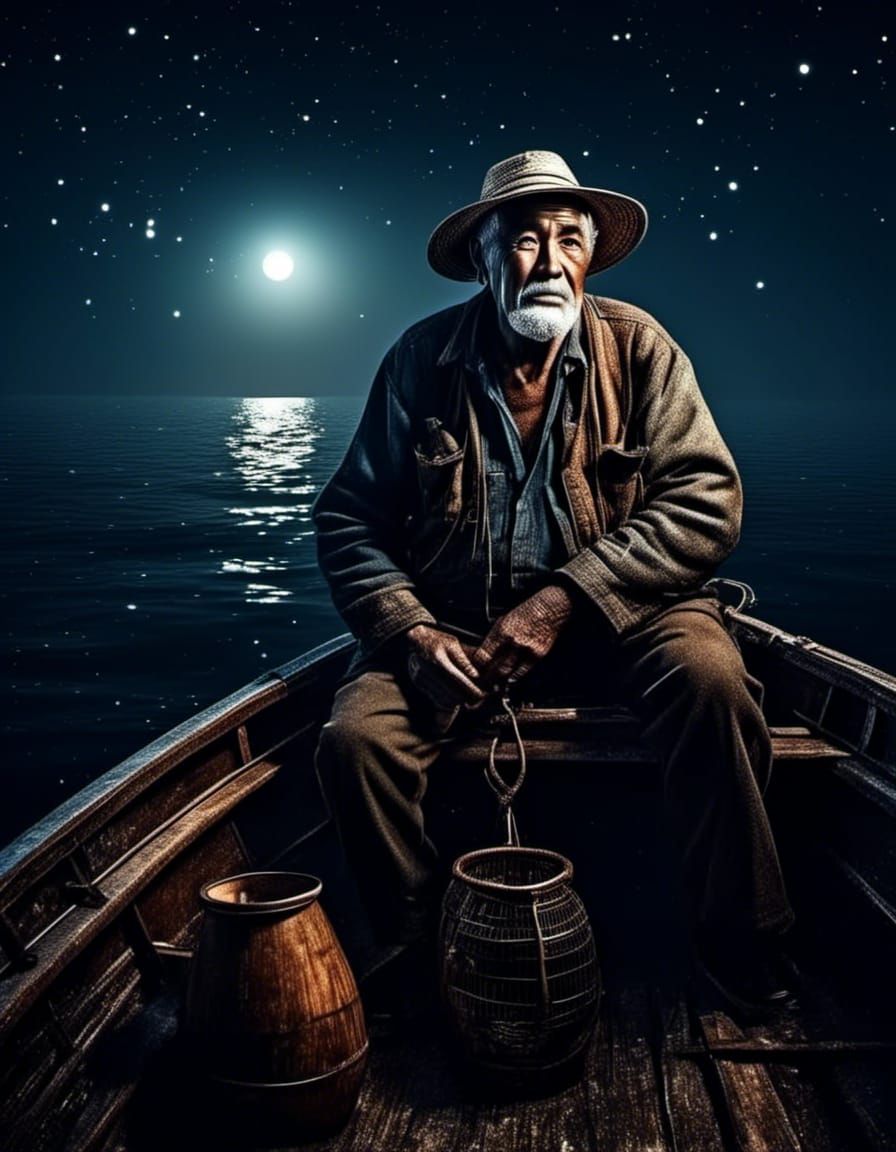 Moonlit Portrait of Elderly Fisherman in Boat