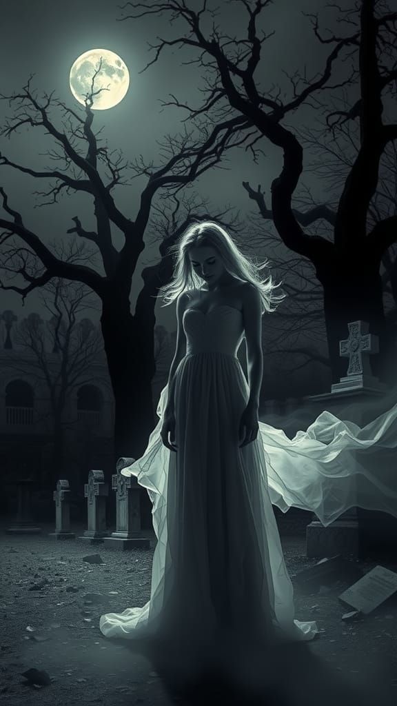 Ghostly Woman in Graveyard: Black and White Art