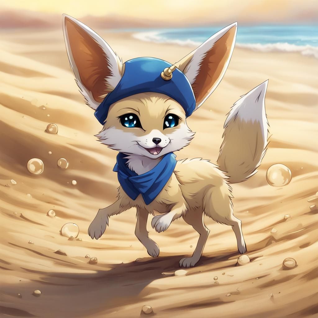 Fennec Fox Cub Trotting on Beach, Anime Style