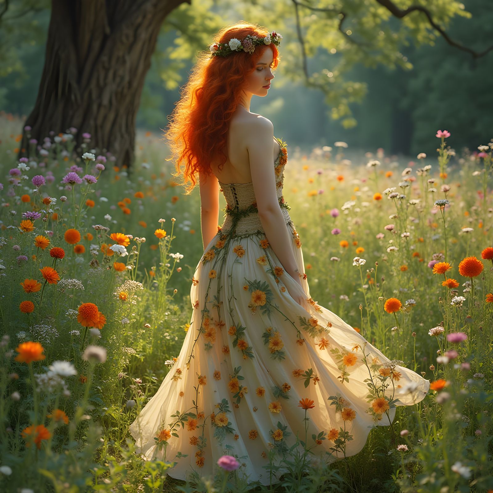 Red-Haired Woman in Art Nouveau Flower Meadow