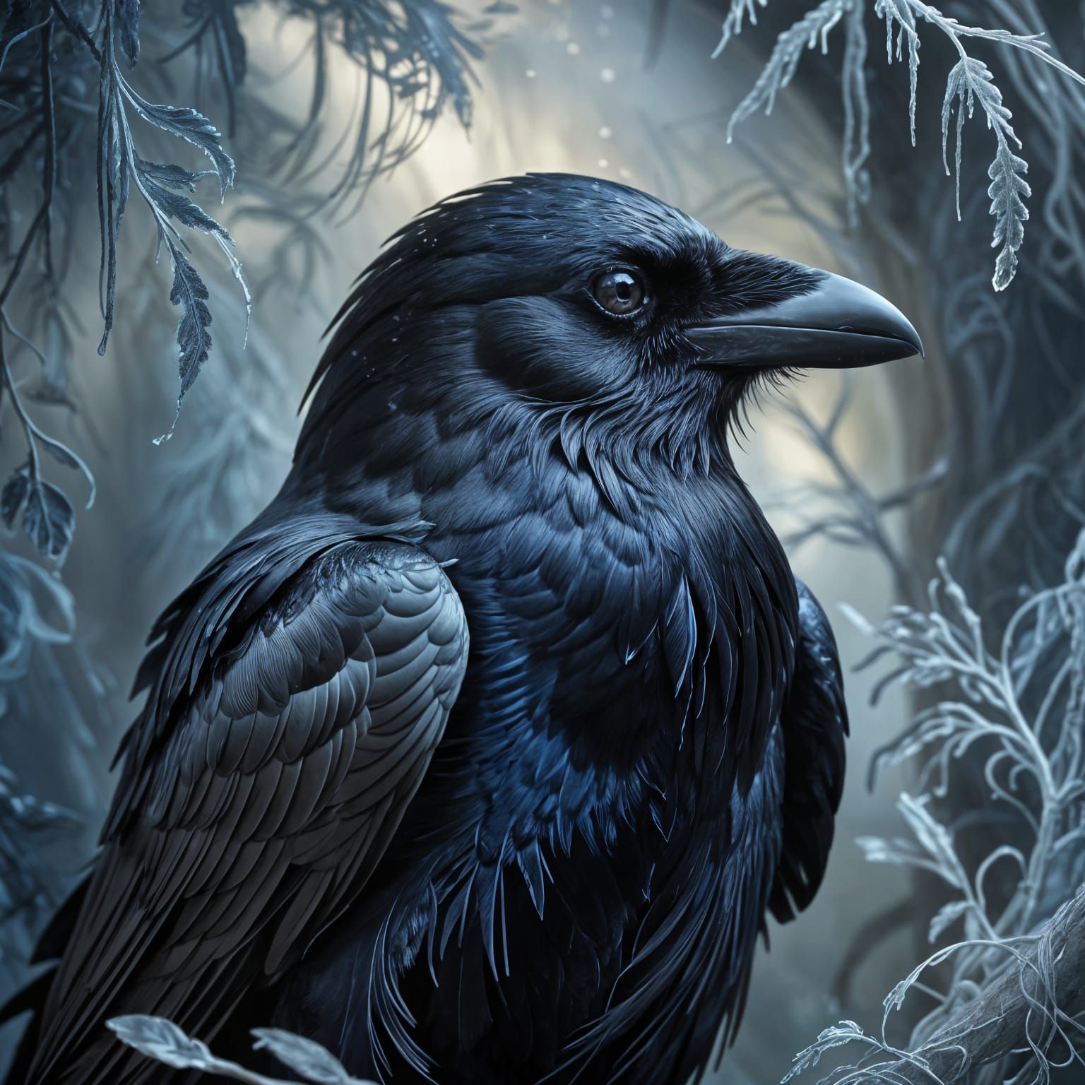 Ethereal Raven Portrait in Misty Blue and Silver