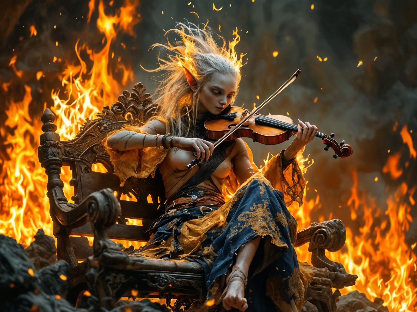 Enigmatic Elf Plays Violin Amidst Inferno