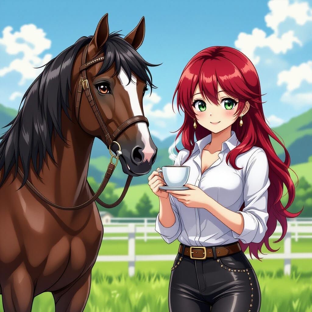 Anime Woman with Crimson Hair and Green Eyes with Racehorse
