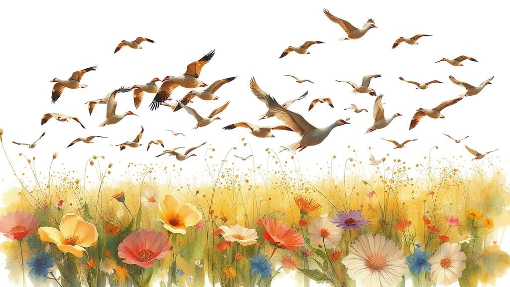 Surreal Brent Geese Soar Over Whimsical Wildflower Meadow