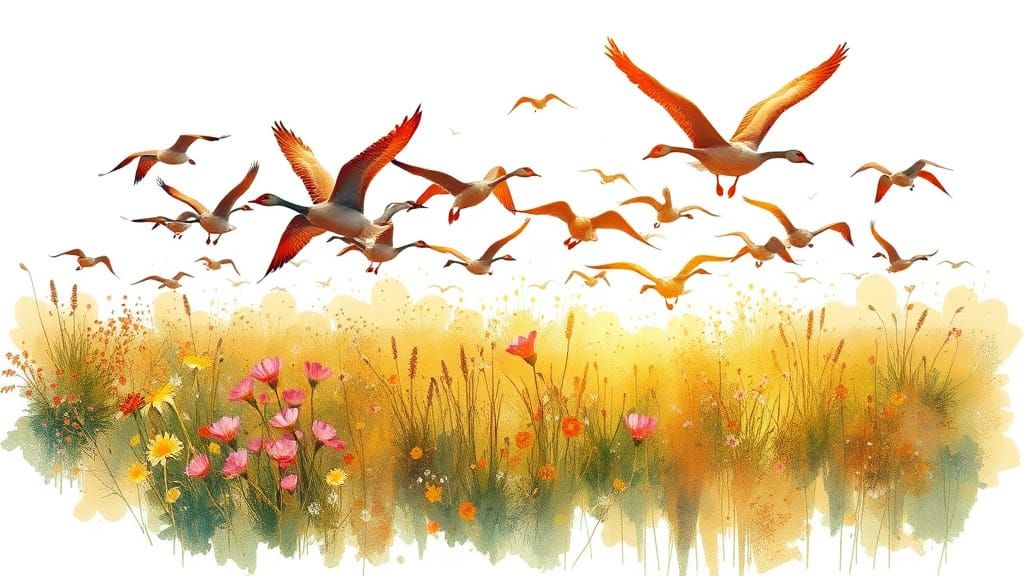 Whimsical Brent Geese Soar in Vibrant Spring Meadow