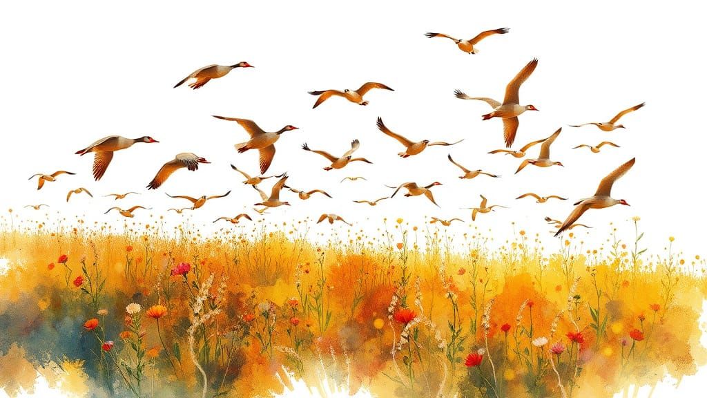 Surreal Brent Geese Soar in Whimsical Watercolor Abstraction