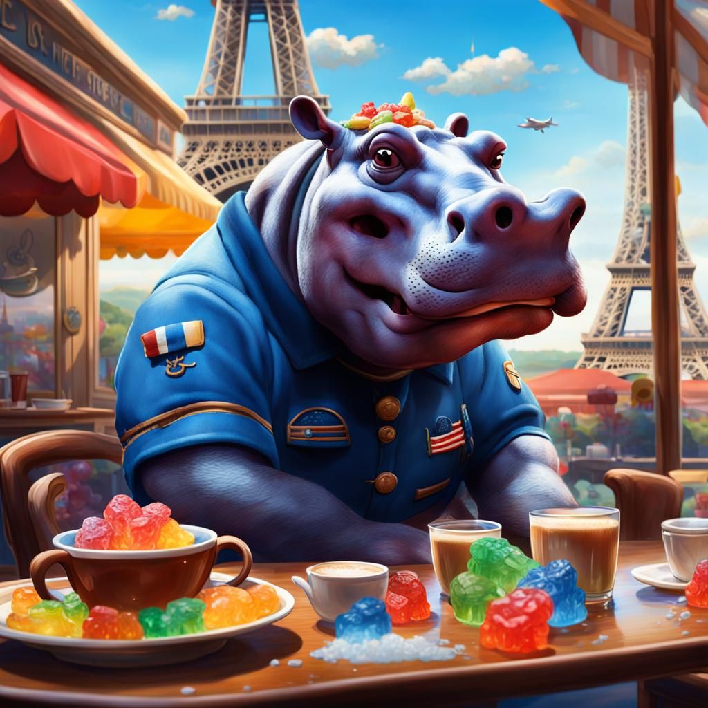 Sneezing Hippo in France with Gummy Eiffel Tower