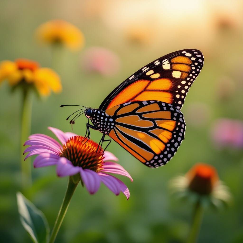 Monarch Butterfly Takes Flight Among Wildflowers