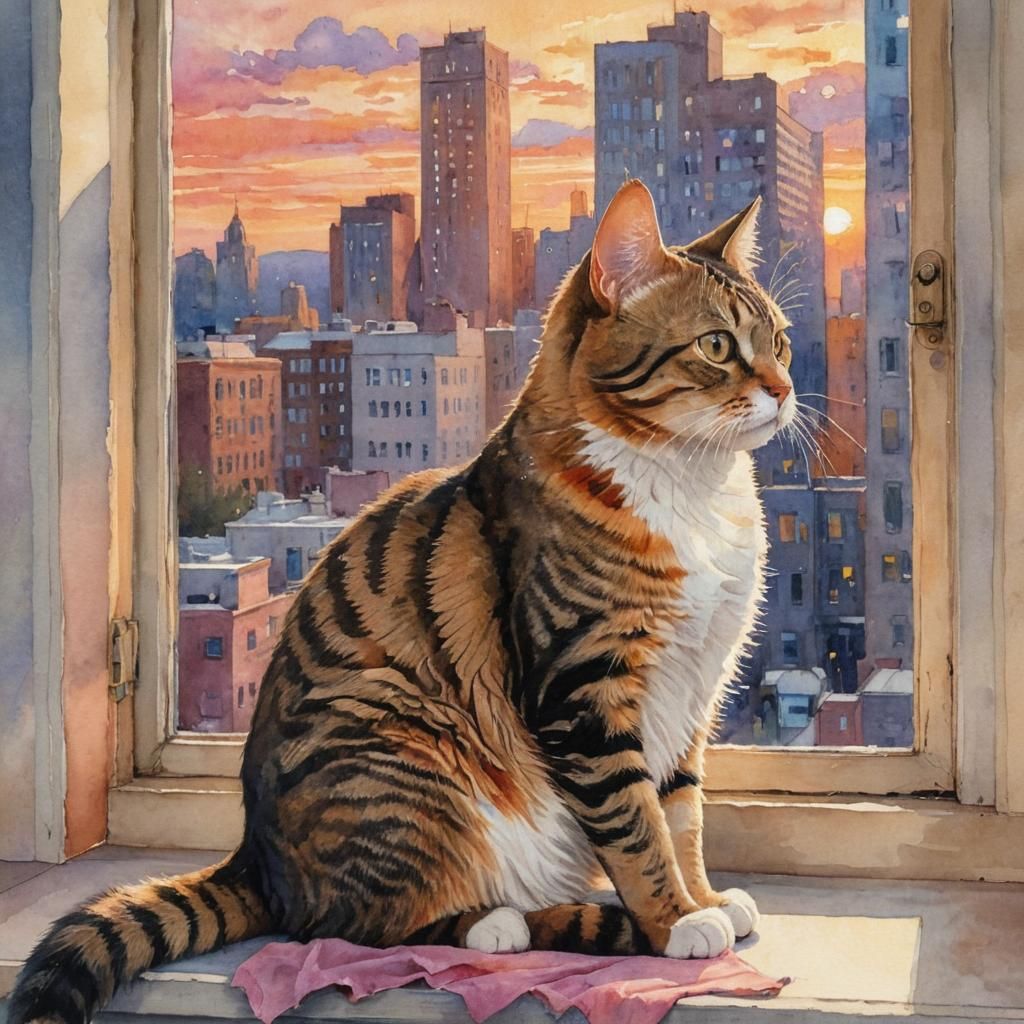 Tabby Cat Gazing at Sunset: Watercolor Impressionism