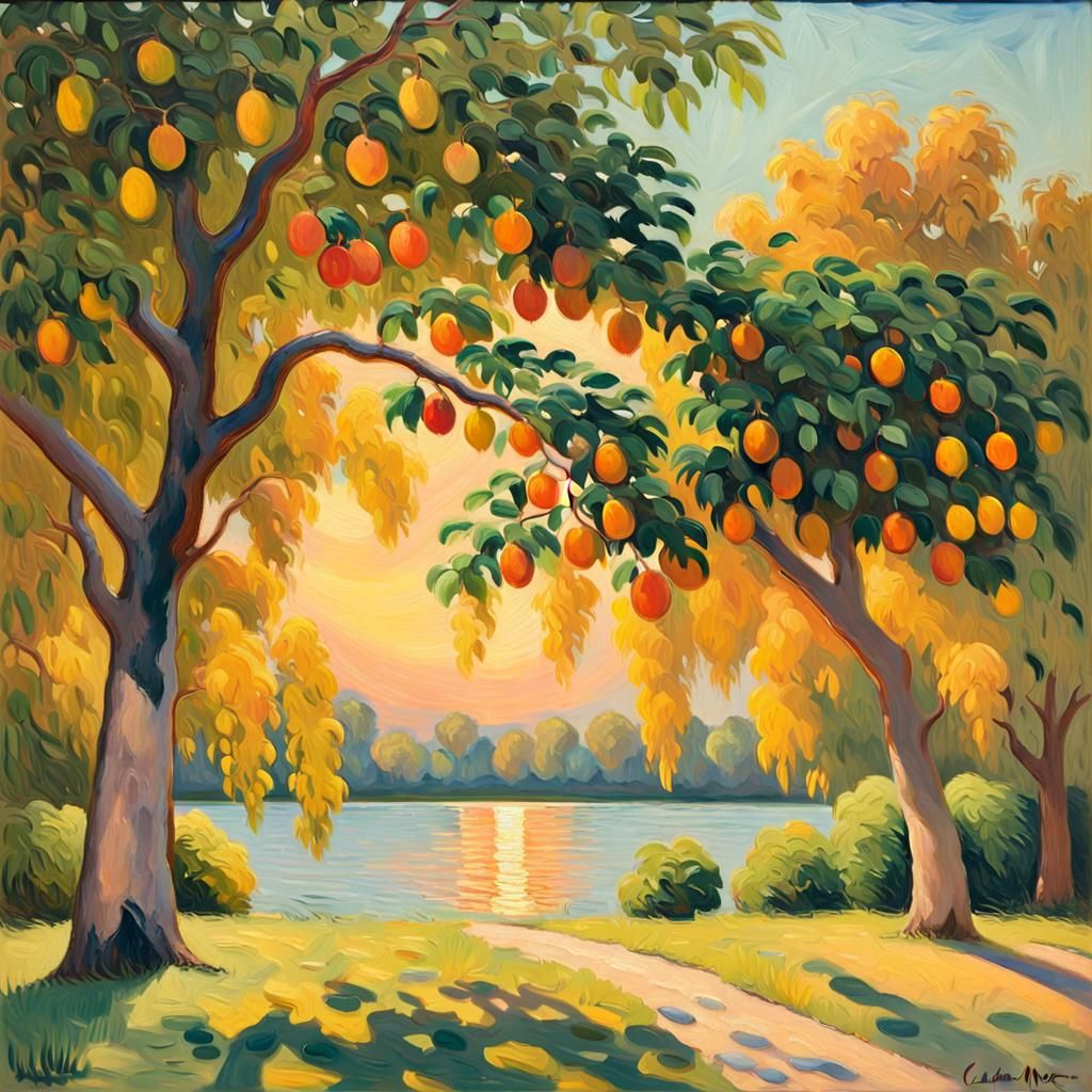 Golden Hour in a Vibrant Fauvist Mango Grove