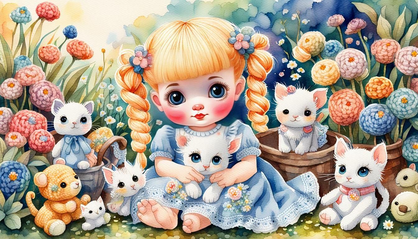 Adorable Baby Girl with Kitten in Watercolor Garden