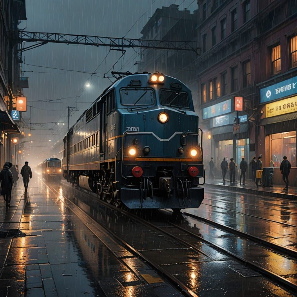 Surreal Night Train Departs into Foggy Cityscape in Hyperrea...