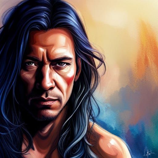 Handsome Native American Man Portrait in Splash Art Style
