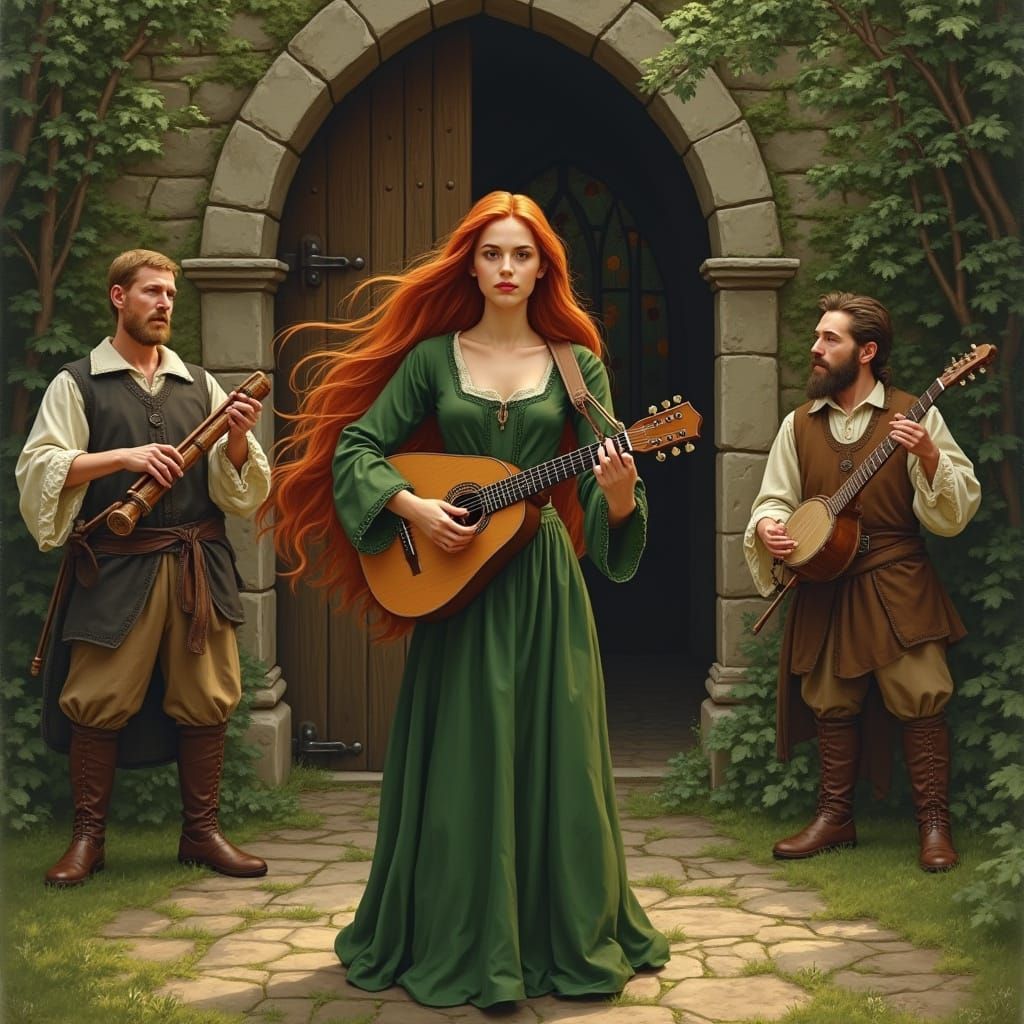 Medieval Musicians Perform in front of Stone Church