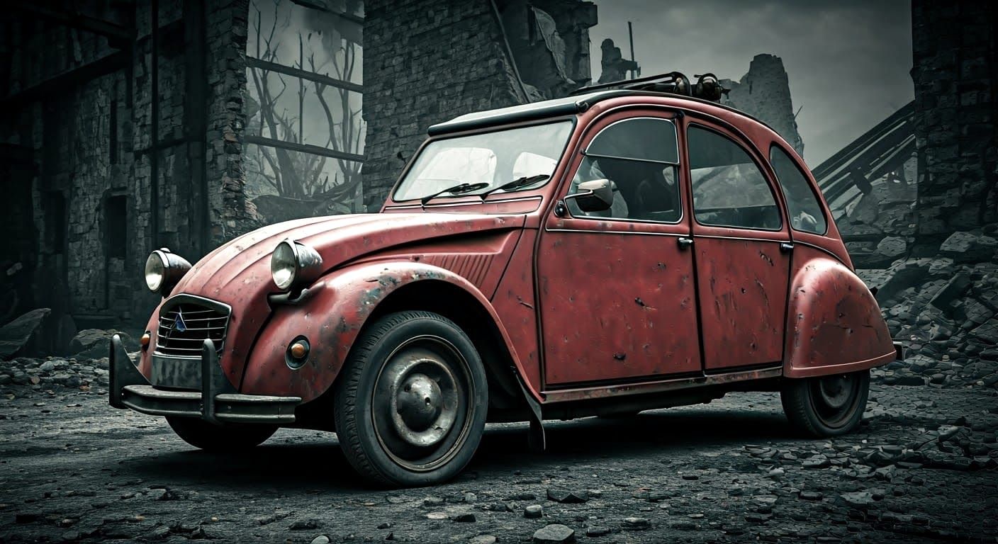 Post-Apocalyptic Steampunk Citroën 2CV in Ruins