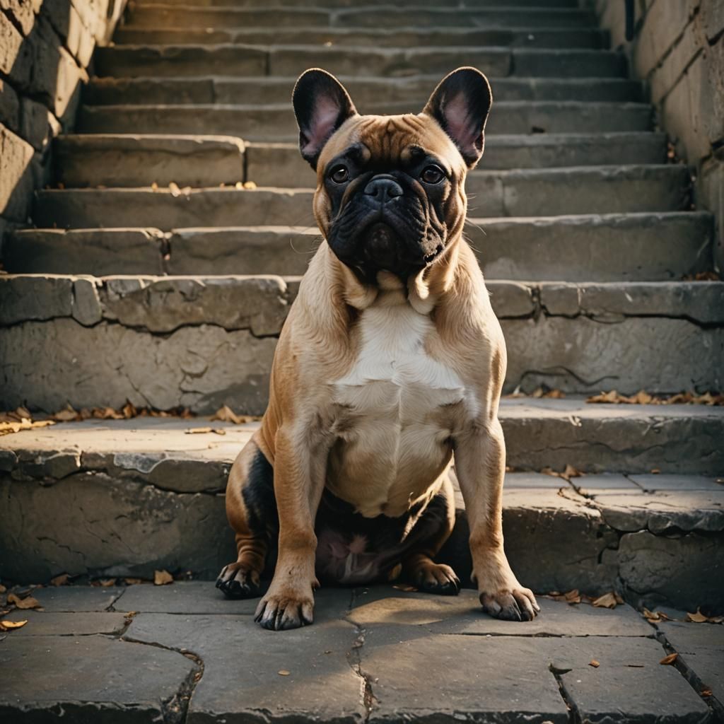 French Bulldog on Stone Steps in Film Noir Style