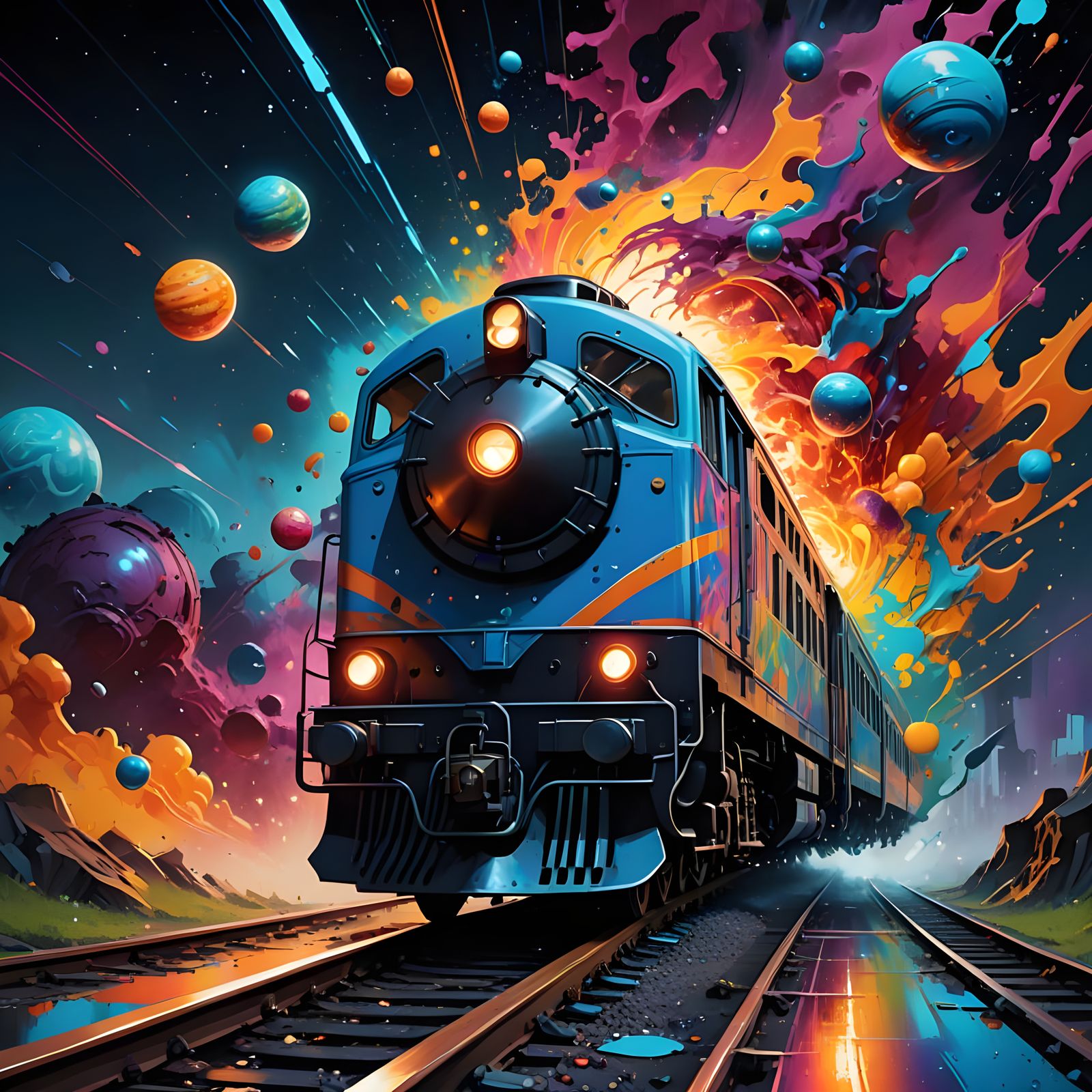 Cosmic Train in Vibrant Street Art Style