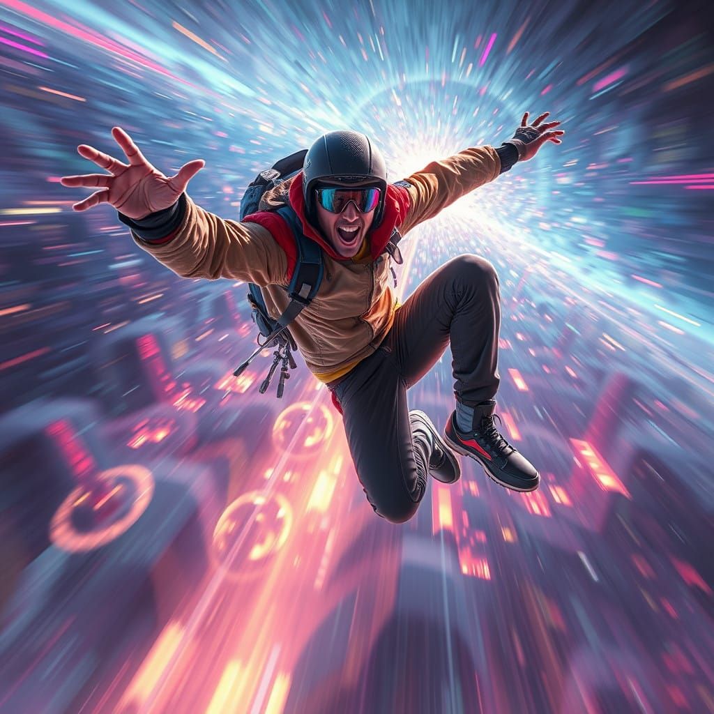 Fearless Futuristic Adventurer in Mid-Air